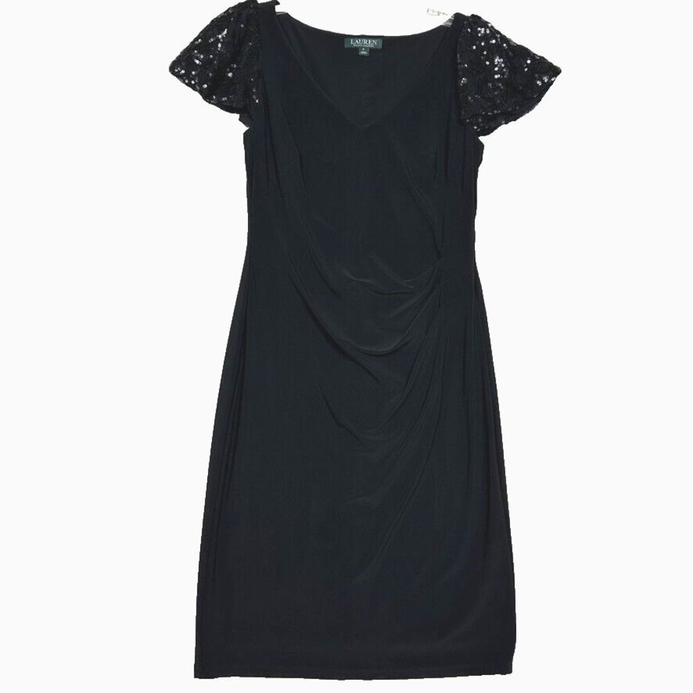 Lauren Ralph Lauren Womens 8 Black Dress Sequin Flutter Short Sleeves Ruched